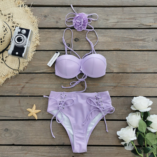 Bikini de cintura alta con parte superior de tubo y cordones de color liso, conjunto de tres piezas con falda dividida para mujer