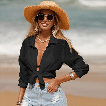 Ropa de playa de verano con protección solar, bikini, cárdigan corto, blusa de manga larga, camisa de protección solar para vacaciones para mujer