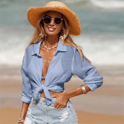 Ropa de playa de verano con protección solar, bikini, cárdigan corto, blusa de manga larga, camisa de protección solar para vacaciones para mujer