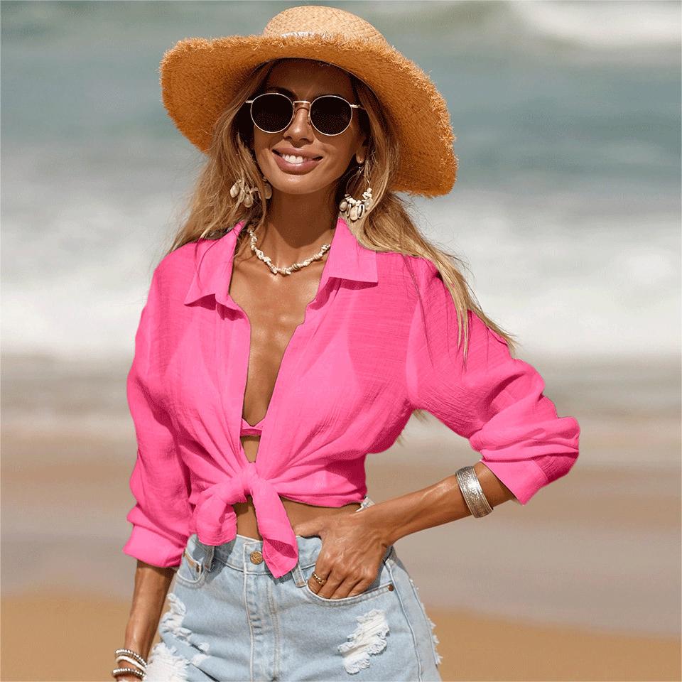 Ropa de playa de verano con protección solar, bikini, cárdigan corto, blusa de manga larga, camisa de protección solar para vacaciones para mujer