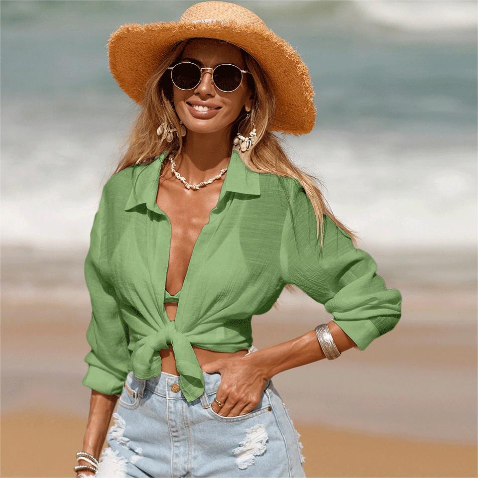 Ropa de playa de verano con protección solar, bikini, cárdigan corto, blusa de manga larga, camisa de protección solar para vacaciones para mujer