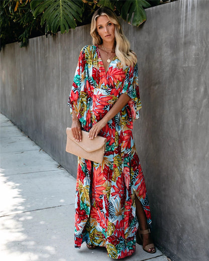 Large Floral Beach Cover-up Vacation Sun Protection Shirt Robe Dress Beach Cover Up