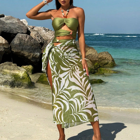 Conjunto de bikini de playa con falda larga transparente y estampado de plantas bohemias para mujer de Bikinx