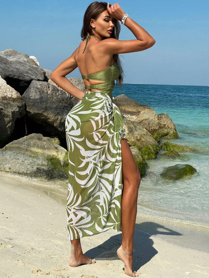 Conjunto de bikini de playa con falda larga transparente y estampado de plantas bohemias para mujer de Bikinx