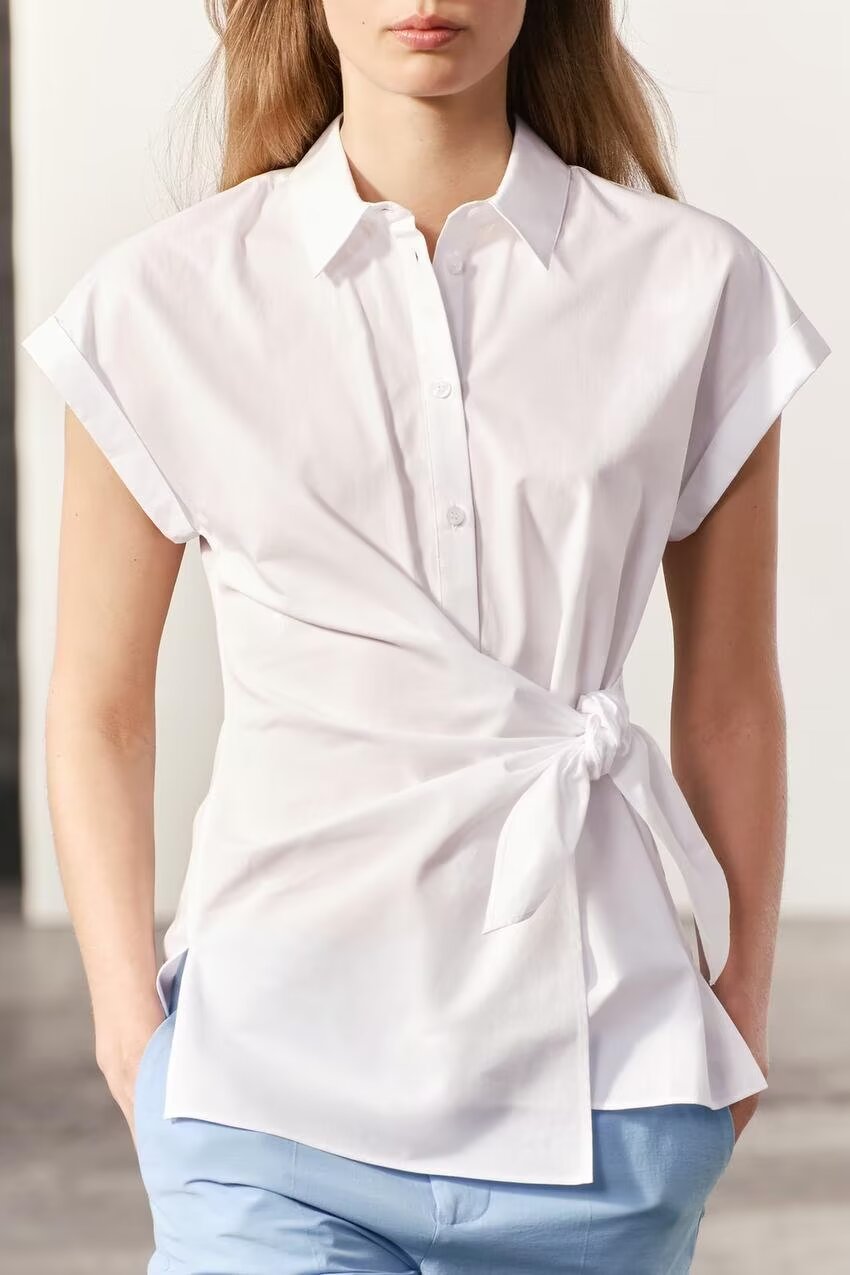 Camisa blanca con cordones y diseño retro elegante de tipo primavera y verano para mujer