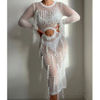 Hollow Out Cutout Knitted Sequin Tassel round Neck Cropped Outfit Long Sleeve Vacation Dress Swimsuit Blouse Sun Protection Clothing Dress Crochet hook Tidee