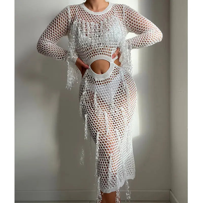 Hollow Out Cutout Knitted Sequin Tassel round Neck Cropped Outfit Long Sleeve Vacation Dress Swimsuit Blouse Sun Protection Clothing Dress Crochet hook Tidee