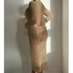 Hollow Out Cutout Knitted Sequin Tassel round Neck Cropped Outfit Long Sleeve Vacation Dress Swimsuit Blouse Sun Protection Clothing Dress Crochet hook Tidee