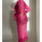 Hollow Out Cutout Knitted Sequin Tassel round Neck Cropped Outfit Long Sleeve Vacation Dress Swimsuit Blouse Sun Protection Clothing Dress Crochet hook Tidee