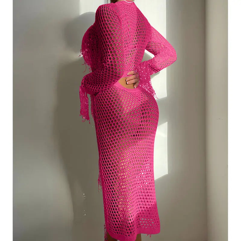 Hollow Out Cutout Knitted Sequin Tassel round Neck Cropped Outfit Long Sleeve Vacation Dress Swimsuit Blouse Sun Protection Clothing Dress Crochet hook Tidee