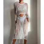 Hollow Out Cutout Knitted Sequin Tassel round Neck Cropped Outfit Long Sleeve Vacation Dress Swimsuit Blouse Sun Protection Clothing Dress Crochet hook Tidee