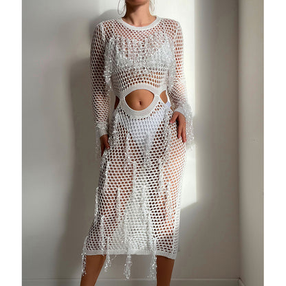 Hollow Out Cutout Knitted Sequin Tassel round Neck Cropped Outfit Long Sleeve Vacation Dress Swimsuit Blouse Sun Protection Clothing Dress Crochet hook