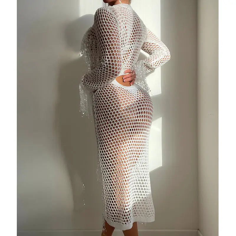 Hollow Out Cutout Knitted Sequin Tassel round Neck Cropped Outfit Long Sleeve Vacation Dress Swimsuit Blouse Sun Protection Clothing Dress Crochet hook Tidee