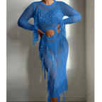 Hollow Out Cutout Knitted Sequin Tassel round Neck Cropped Outfit Long Sleeve Vacation Dress Swimsuit Blouse Sun Protection Clothing Dress Crochet hook Tidee