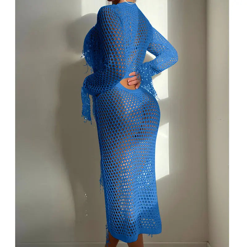 Hollow Out Cutout Knitted Sequin Tassel round Neck Cropped Outfit Long Sleeve Vacation Dress Swimsuit Blouse Sun Protection Clothing Dress Crochet hook Tidee