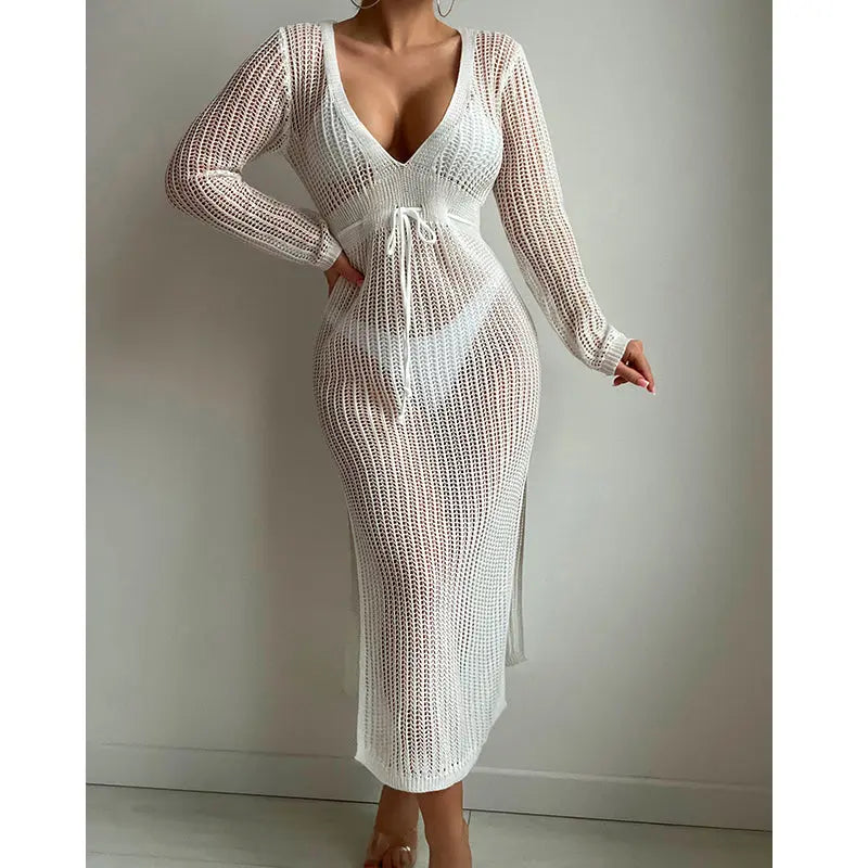 Sexy Hollow Out Cutout Knitted Deep V Plunge Lace up Waist Controlled Long Sleeve Split Skirt Vacation Dress Swimsuit Blouse Crochet hook Tidee
