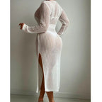 Sexy Hollow Out Cutout Knitted Deep V Plunge Lace up Waist Controlled Long Sleeve Split Skirt Vacation Dress Swimsuit Blouse Crochet hook Tidee