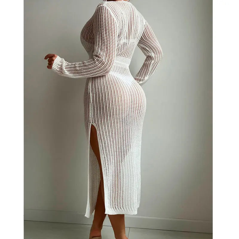 Sexy Hollow Out Cutout Knitted Deep V Plunge Lace up Waist Controlled Long Sleeve Split Skirt Vacation Dress Swimsuit Blouse Crochet hook Tidee