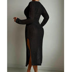 Sexy Hollow Out Cutout Knitted Deep V Plunge Lace up Waist Controlled Long Sleeve Split Skirt Vacation Dress Swimsuit Blouse Crochet hook Tidee