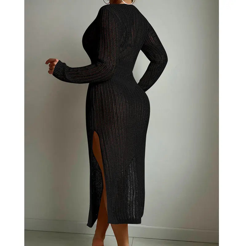 Sexy Hollow Out Cutout Knitted Deep V Plunge Lace up Waist Controlled Long Sleeve Split Skirt Vacation Dress Swimsuit Blouse Crochet hook Tidee