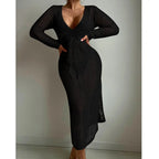 Sexy Hollow Out Cutout Knitted Deep V Plunge Lace up Waist Controlled Long Sleeve Split Skirt Vacation Dress Swimsuit Blouse Crochet hook Tidee