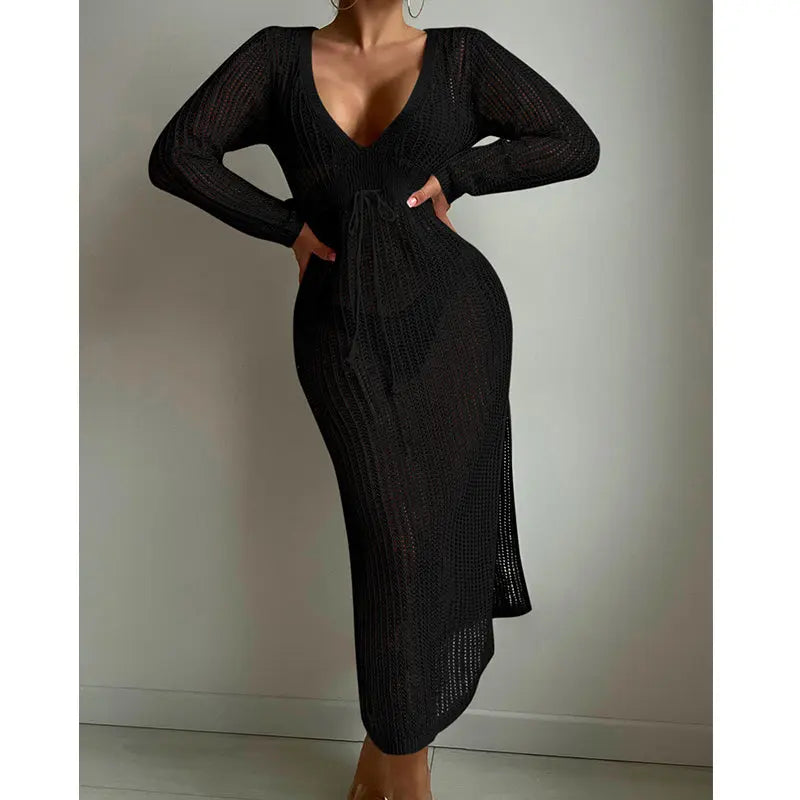 Sexy Hollow Out Cutout Knitted Deep V Plunge Lace up Waist Controlled Long Sleeve Split Skirt Vacation Dress Swimsuit Blouse Crochet hook Tidee