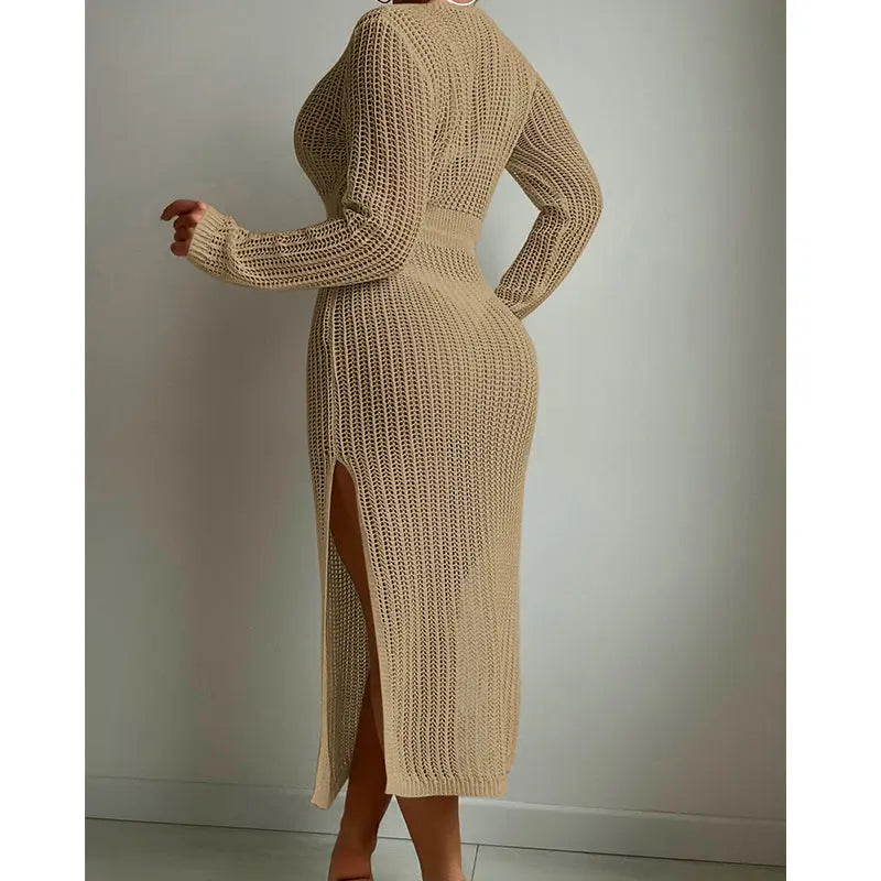 Sexy Hollow Out Cutout Knitted Deep V Plunge Lace up Waist Controlled Long Sleeve Split Skirt Vacation Dress Swimsuit Blouse Crochet hook Tidee