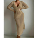 Sexy Hollow Out Cutout Knitted Deep V Plunge Lace up Waist Controlled Long Sleeve Split Skirt Vacation Dress Swimsuit Blouse Crochet hook Tidee