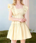 Cute Girlish Wooden Ear Stitching Strap High Waist Slimming Patchwork Pleated Beige Square Collar Dress FRIDAY