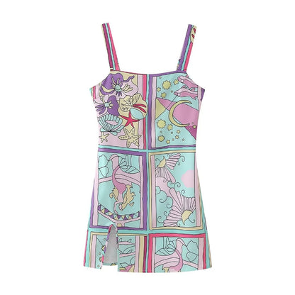 Spring Women Street Printed Slit Short Suspender Dress