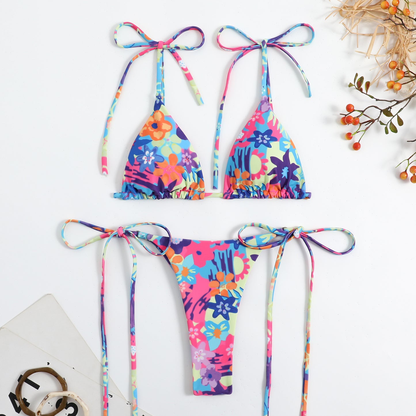 Traje de baño de bikini triangular sexy para mujer con cordones y estampado dúplex dividido