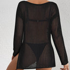Pull mi-long ample à col diagonal, tricoté ajouré, découpé, transparent, sexy, pour la plage, protection solaire, au crochet.
