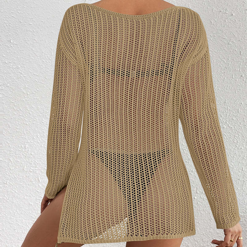 Pull mi-long ample à col diagonal, tricoté ajouré, découpé, transparent, sexy, pour la plage, protection solaire, au crochet.
