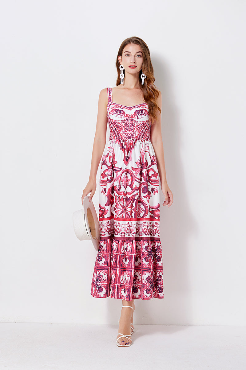 Women Print Position Halter Slim Waistline A Line Dress ESUNG