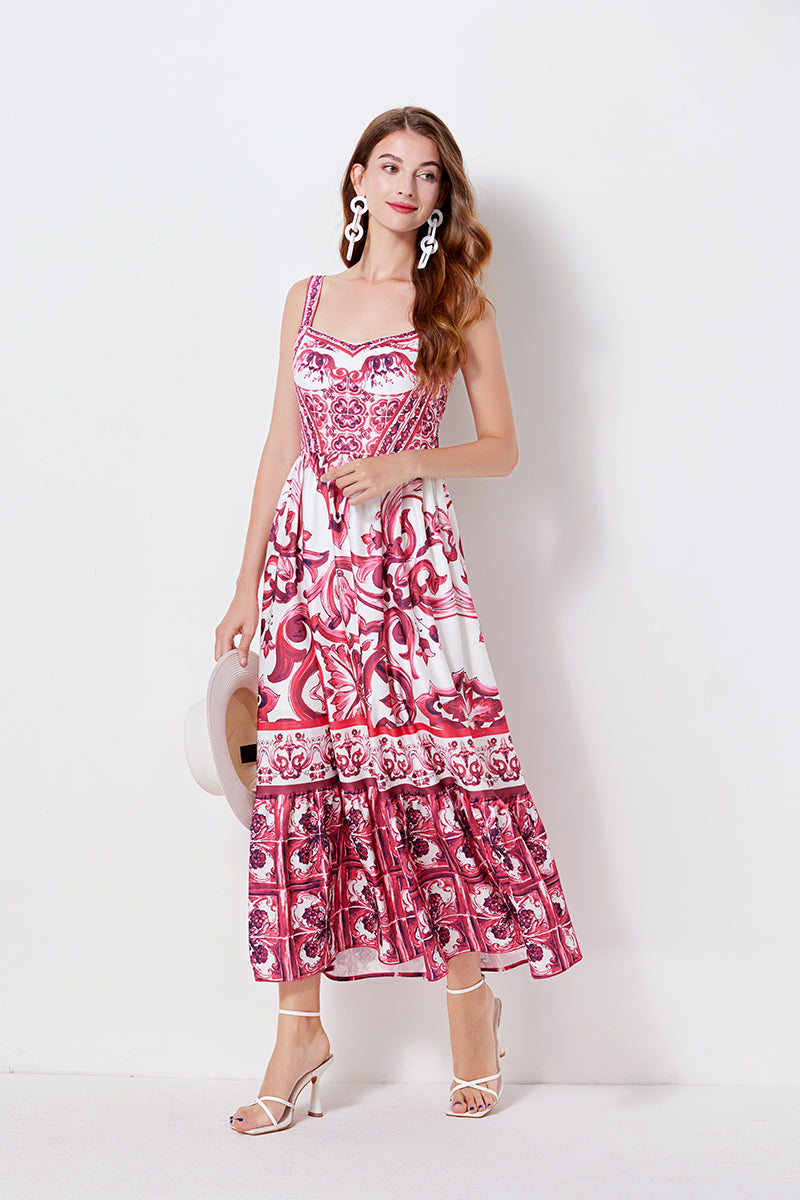 Women Print Position Halter Slim Waistline A Line Dress ESUNG