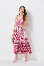 Women Print Position Halter Slim Waistline A Line Dress ESUNG