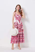 Women Print Position Halter Slim Waistline A Line Dress ESUNG
