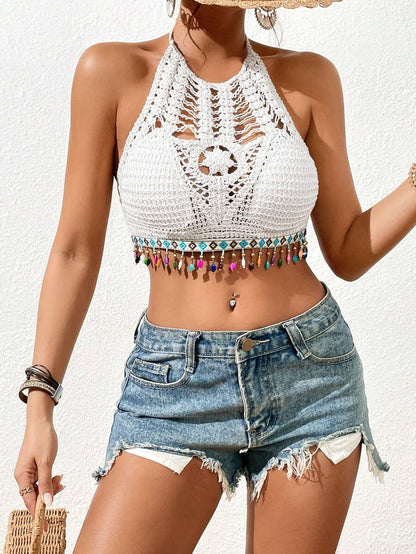 Summer Colorful Tassel Hanging Beads Crocheted Hollow Suspender Top Blouse Crochet hook
