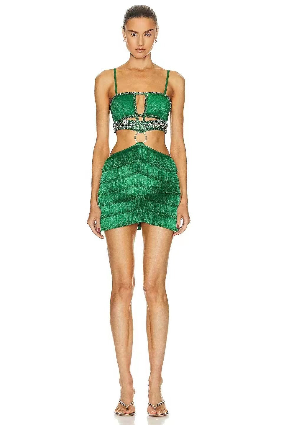 Minivestido sexy de vendaje con aberturas en la espalda, con perforaciones y costuras de aro metálico.