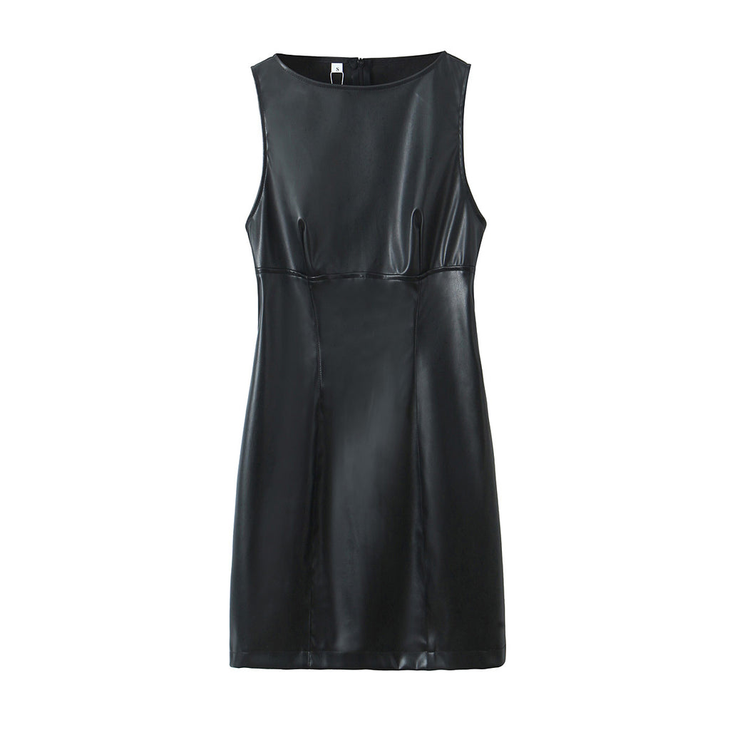 Minimalist Sexy Casual Dress Basic Faux Leather Slimming Pullover Elegant Hip Dress for Women JuneMade