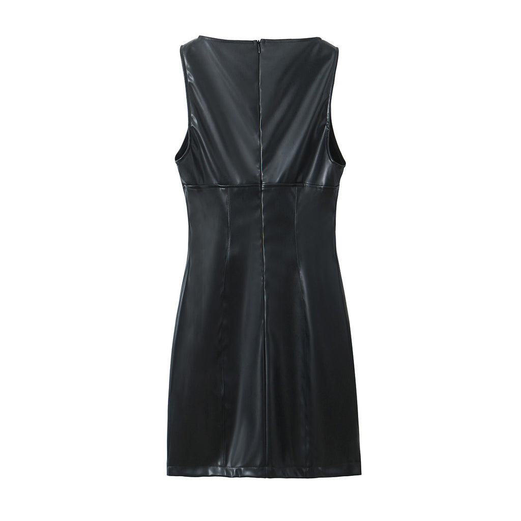 Minimalist Sexy Casual Dress Basic Faux Leather Slimming Pullover Elegant Hip Dress for Women JuneMade