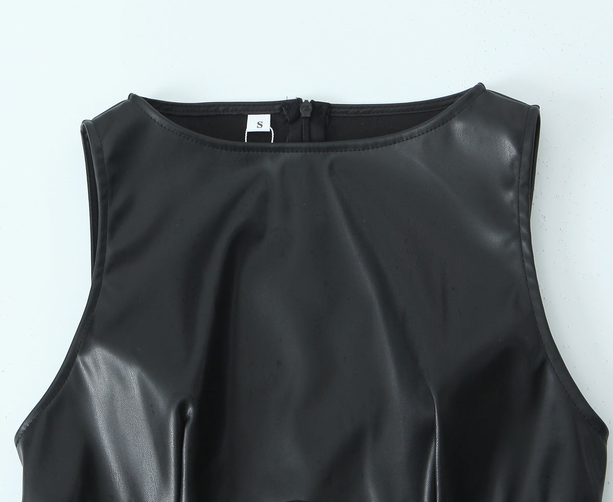 Minimalist Sexy Casual Dress Basic Faux Leather Slimming Pullover Elegant Hip Dress for Women JuneMade