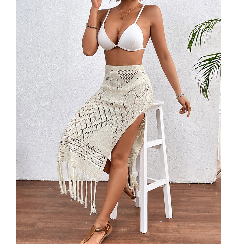 High Slit Tassel Sexy Texture Skirt Beach Vacation Bikini Overskirt Crochet hook Tidee