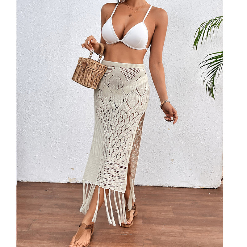 High Slit Tassel Sexy Texture Skirt Beach Vacation Bikini Overskirt Crochet hook Tidee