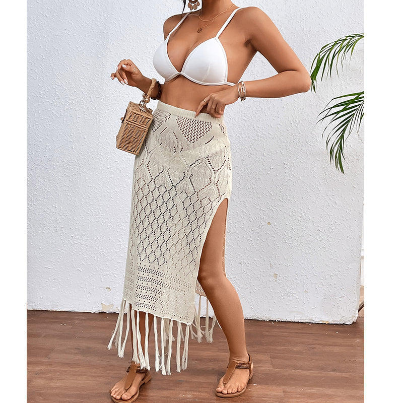 High Slit Tassel Sexy Texture Skirt Beach Vacation Bikini Overskirt Crochet hook Tidee