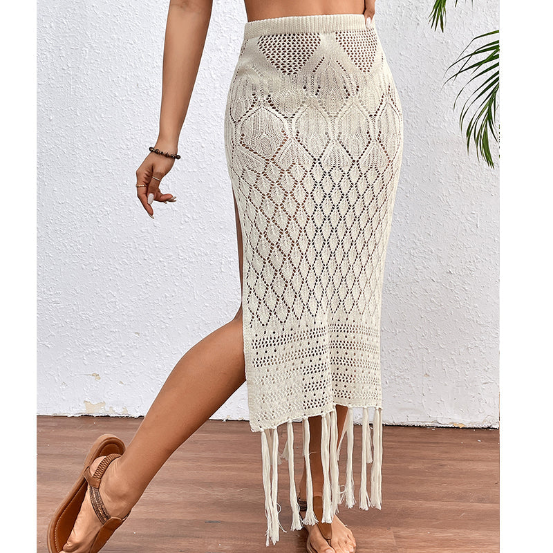 High Slit Tassel Sexy Texture Skirt Beach Vacation Bikini Overskirt Crochet hook Tidee