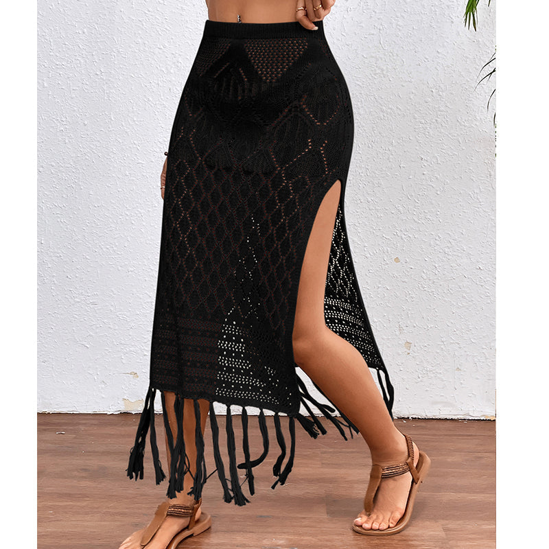High Slit Tassel Sexy Texture Skirt Beach Vacation Bikini Overskirt Crochet hook Tidee