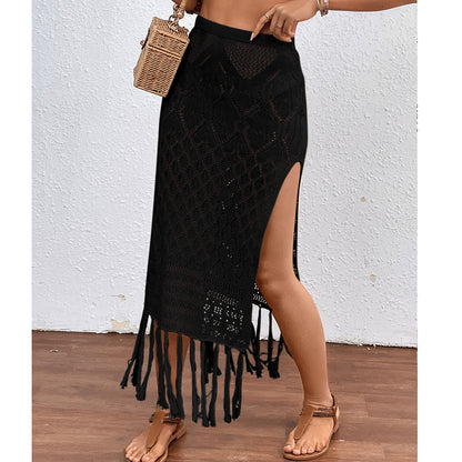 High Slit Tassel Sexy Texture Skirt Beach Vacation Bikini Overskirt Crochet hook