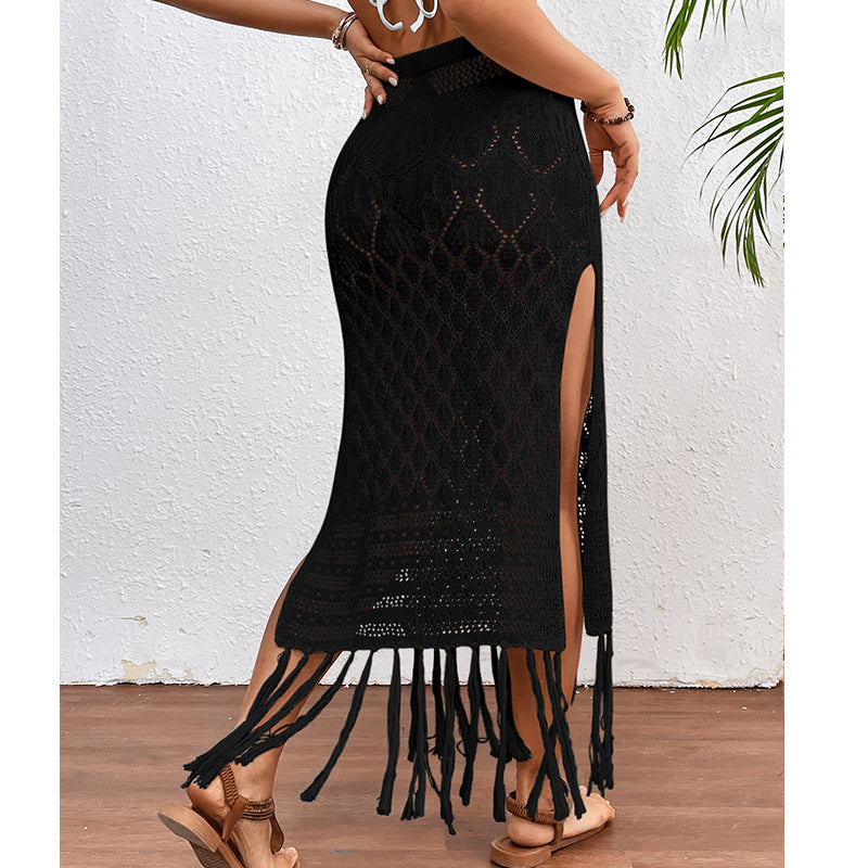 High Slit Tassel Sexy Texture Skirt Beach Vacation Bikini Overskirt Crochet hook Tidee