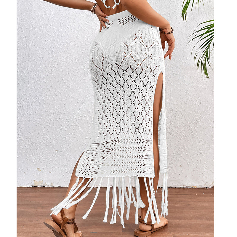 High Slit Tassel Sexy Texture Skirt Beach Vacation Bikini Overskirt Crochet hook Tidee